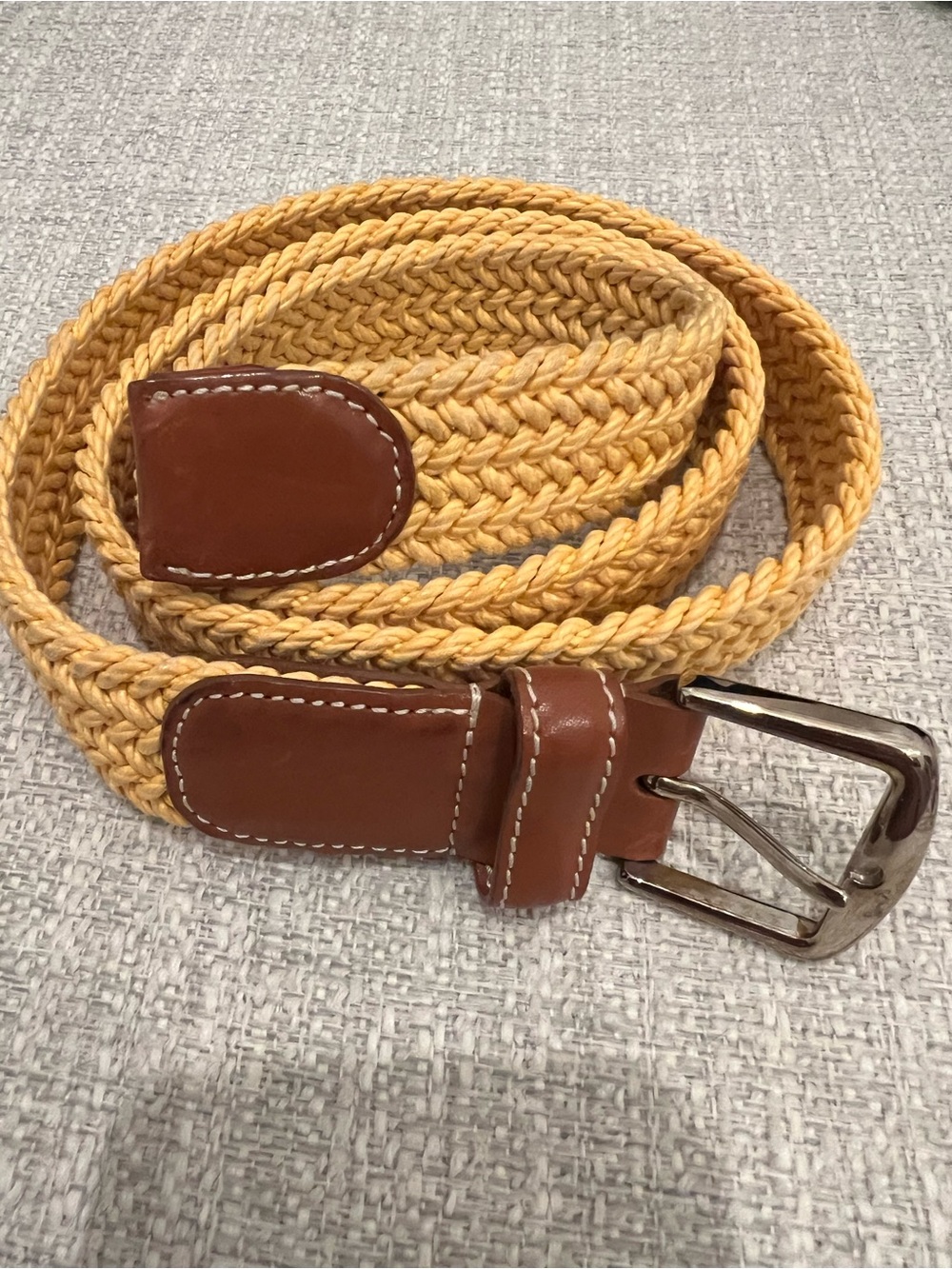 Loro Piana Yellow Braided Woven Belt Brown Leather Trim Made in Italy Size 44
